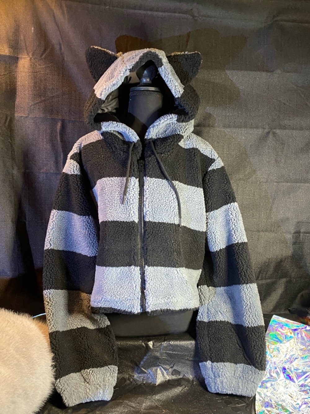 Raccoon Plush Hooded Jacket with Ear Detail - Black & Light Gray